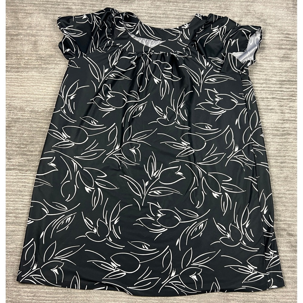Visions Dress Womens XL Black White Floral Tulip Print Short Sleeve Pocket Shift